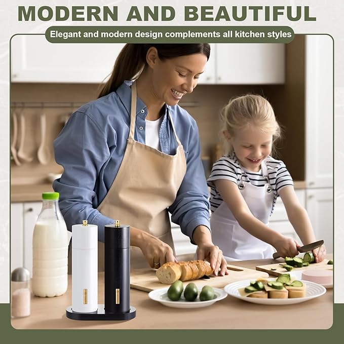 Wooden Salt and Pepper Grinder Set Manual Salt and Pepper Mill with Tray Adjustable Coarseness Refillable Wood Grinders with Gold Bottle Label for Kitchen (Black,White,8 Inch) - Image 5