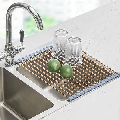 Seropy Roll Up Dish Drying Rack Over The Sink Drying Rack for Kitchen Counter, Rolling Dish Rack Over Sink Mat, Foldable Dish Drainer Stainless Steel Rack Kitchen Organization Gold 17.5"x11.8" by SeropyDirect