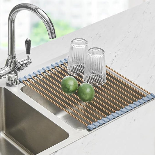 Seropy Roll Up Dish Drying Rack Over The Sink Drying Rack for Kitchen Counter, Rolling Dish Rack Over Sink Mat, Foldable Dish Drainer Stainless Steel Rack Kitchen Organization Gold 17.5"x11.8" by SeropyDirect