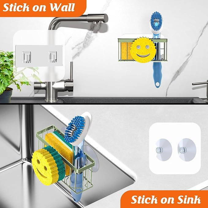 MURLONG Sponge Holder Smiley Face,Sink Caddy,Sink Organizer with 2 Suction Cups/1 Adhesive Strips,Designed for Sponge,Soap,Dish Brush,Scrubber - Green - Image 7