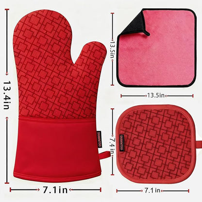 Oven Mitts and Pot Holders Sets 6pcs, Kitchen Oven Glove,High Heat Resistant 550 Degree Extra Long Oven Mitts and Potholders with Non-Slip Silicone Surface for Home Essentials (Grey) (Coral Red) - Image 2