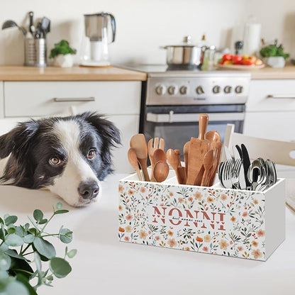 Best Nonni Ever Gifts Kitchen Utensil Holder, Mothers Day Birthday Gift for Grandma from Grandkids, Grandma Gifts for Mimi Nana, Nonni Gift Floral Wooden Cooking Utensil Holder