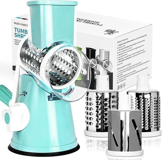 X Home Rotary Cheese Grater for Kitchen, Shredder with 3 Interchangeable Blades, Rotary Grater with Handle and Strong Suction Base, for Vegetables, Fruit, Nuts, Easy to Use and Clean, Blue by XHome