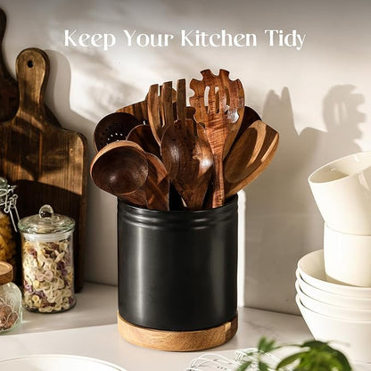 DOWAN 7.6" 360° Rotating Utensil Holder, Kitchen Utensil Holder for Countertop, Ceramic Utensil Crock, Large Cooking Utensil Caddy for Kitchen Counter, Protection Cork Bottom, Black - Image 4
