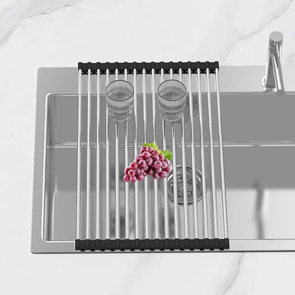 Extra Large Expandable Roll Up Dish Drying Rack,Over The Sink Drying Rack Sink Cover Kitchen Sink Accessories Kitchen Rolling up Stainless Steel Drainer, Foldable,Rollable（Black，25.1''-12.4''） - Image 6
