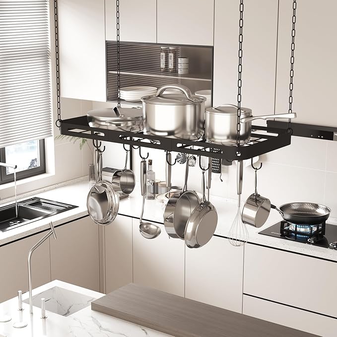 33” Pots and Pans Hanging Rack, Black Hanging Pot Rack Ceiling Mount with 15 Hooks, Heavy-duty Metal Square Kitchen Ceiling Pot Rack, Pot and Pan Hanger for Kitchen Cookware Utensils