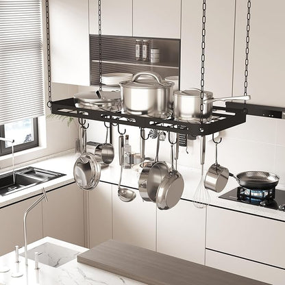 33” Pots and Pans Hanging Rack, Black Hanging Pot Rack Ceiling Mount with 15 Hooks, Heavy-duty Metal Square Kitchen Ceiling Pot Rack, Pot and Pan Hanger for Kitchen Cookware Utensils