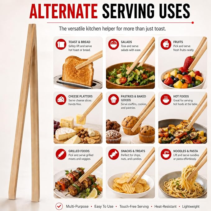 HIC Kitchen Toast Tongs, Natural Bamboo, 12-Inches, Set of 4