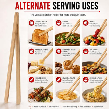 HIC Toast Tongs, Natural Bamboo, 12-Inches, Set of 2