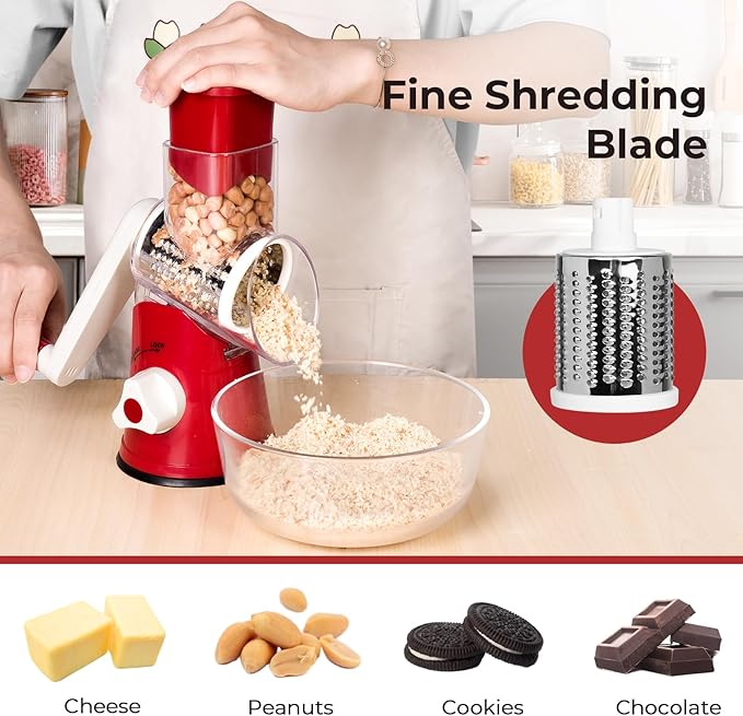 X Home Rotary Cheese Grater for Kitchen, Shredder with 3 Interchangeable Blades, Rotary Grater with Handle and Strong Suction Base, for Vegetables, Fruit, Nuts, Easy to Use and Clean, Red - Image 4