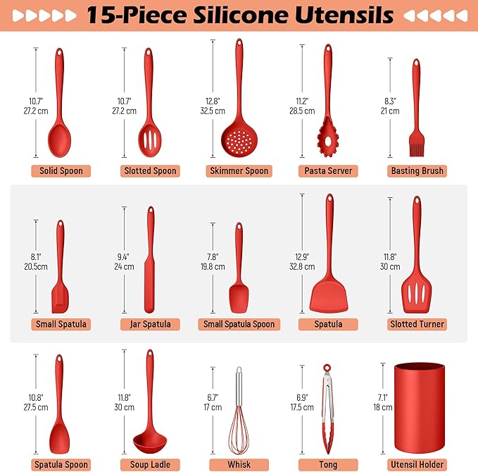 Kitchen Cooking Utensils Set with Holder, Homikit 15-Piece Silicone Spatula Set for Nonstick Cookware, 446°F Heat Resistant Spoon Turner Tong Whisk Brush for Cooking and Baking-Red - Image 2