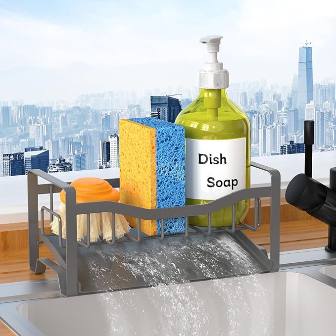 Maifan Stainless Steel Kitchen Sink Caddy Organizer with Auto Drain Tray, Sponge Holder for Countertop Storage Dark Gray by Unknown