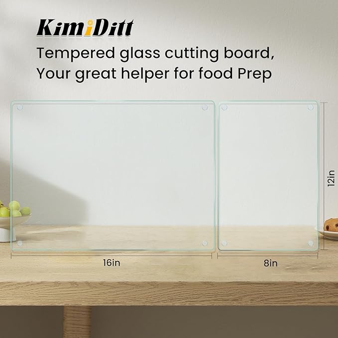Tempered Glass Cutting Board,Set of Glass Cutting Board for Kitchen Counter,Clear Glass,with Non-Slip Feet, Scratch Resistant,Heat Resistant, 12x16&12x8 inch 2PCS,Easy to Clean