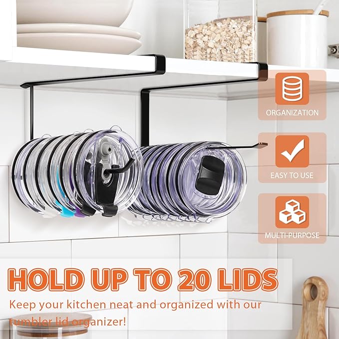 2 Pack Tumbler Lid Organizer, Horizontal Tumbler Lid Storage Hook Up to 20 Lids, Space Saving Cup Lid Holder Under Cabinet Tumbler Lid Hook for Kitchen Organizer, Paper Towel Hanger(Round&Flat, Black) - Image 2