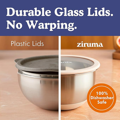 Ziruma Non-Toxic Mixing Bowls with Lids Set, Stainless Steel & Glass, 5 Pcs Plastic Free Bowls with Silicone Non-Slip Base, Dishwasher Safe Mixing Bowl Set - Image 4