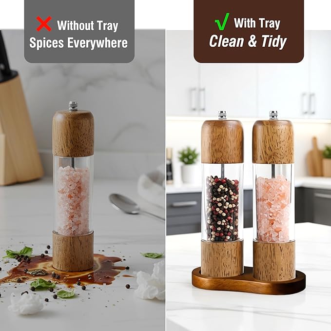 Wooden Salt and Pepper Grinder Set, Premium Oak Wood Salt Grinders Shakers, Pepper Mill with Acrylic Clear Window, Adjustable Ceramic Grinder (8″ - 2 Packs with Tray)