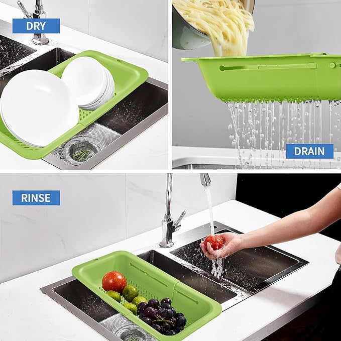 LASSHSWA Collapsible Colander for Kitchen, Over the Sink Strainer Basket for Kitchen, Fruit Pasta Food Strainer Expandable Plastic Colander BPA Free (Green) - Image 3