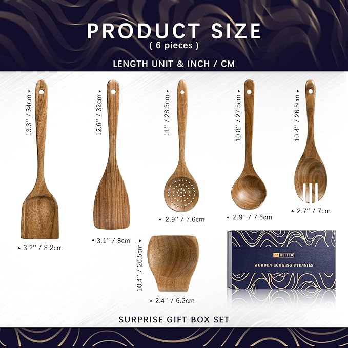 Wooden Spoons for Cooking, Nonstick Cooking Utensil Set with 5 Piece Acacia Wooden Spatulas and Spoons, as well as a Extra Whole Wood Spoon Rest, Terrific for Everyday Kitchen Tasks - Image 2
