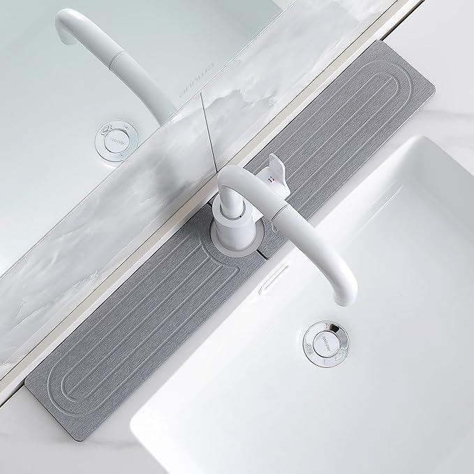 Faucet Mat for Kitchen Sink -Diatomite Stone Drying Mat for Kitchen Counter & Bathroom Sink,Quick-Dry Kitchen Sink Mat-Sink Protector & Splash Guard,Super Absorbent (Gray, 23.6"x4") by SUXLINA