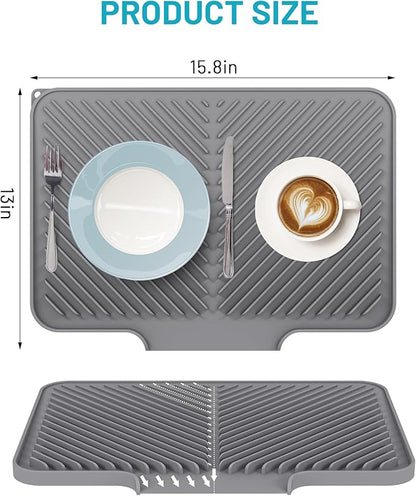 Dish Drying Mat Kitchen Counter - Silicone Dish Drying Pad with Built-in Drain for Sink, Refrigerator and Drawer liner, Easy Clean, Non-Slip, Heat Resistant, 15.8" x 13"