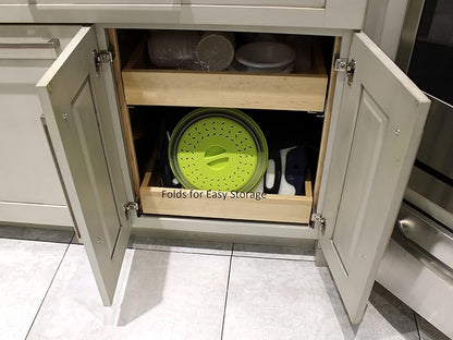 Dependable Industries' 2-in-1 Collapsible Microwave Splatter Guard Cover & Vegetable Washing Colander: The Ultimate Space-Saving Kitchen Essential