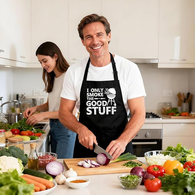 Kaidouma Funny Grill Aprons for Men - I Only Smoke the Good Stuff - Men’s Funny Chef Cooking Grilling BBQ Aprons with 2 Pockets - Birthday Father’s Day Christmas Gifts for Dad, Husband, Boyfriend, Him