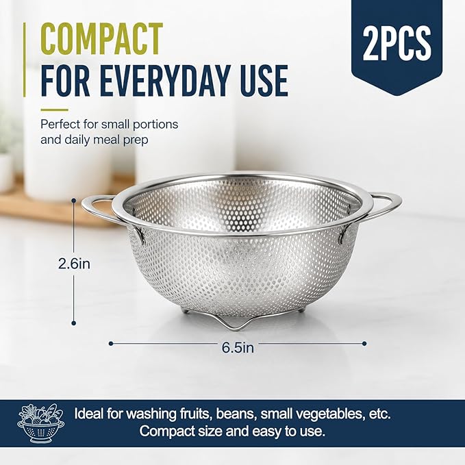 Palksky Small Colander Set of 2, 800 mL / 0.85 Qt Stainless Steel Mini Colanders with Riveted Handles, Footed Base & Micro-Perforations, Metal Kitchen Strainers for Berries, Fruits, Vegetables & Pasta