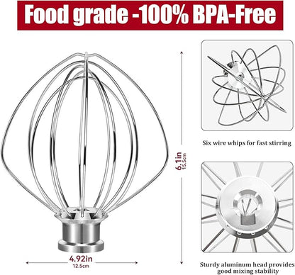 K45WW 6-Wire Whip Attachment Fits KitchenAid Tilt Head Stand Mixer - Egg Heavy Cream Beater, Cakes Mayonnaise Whisk for Kitchen Aid Mixer Accessory Replacement Parts