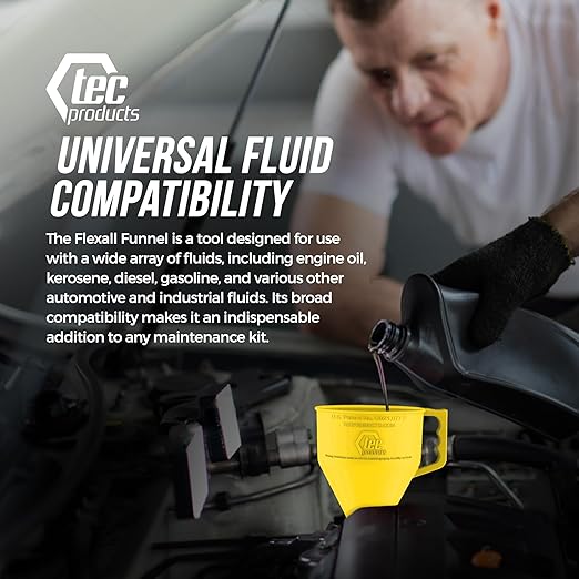 TEC Products FlexAll Long Flexible Funnels - Automotive Oil Funnel with Hose, Durable Nitrile Rubber for Oil Change, Transmission Funnel Fluid, Diesel, Fuel, Gas - Made in USA - Yellow (12 x 4 Inches) - Image 7