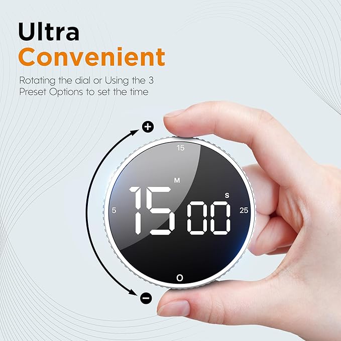 Upgrade Digital Kitchen Timer - Magnetic Countdown Countup Visual Pomodoro Timer with Large LED Display, 3-Preset Times (5, 15, 25), 3 Volume Levels, Ideal for Cooking, Baking and Fitness (1, Silver) - Image 3