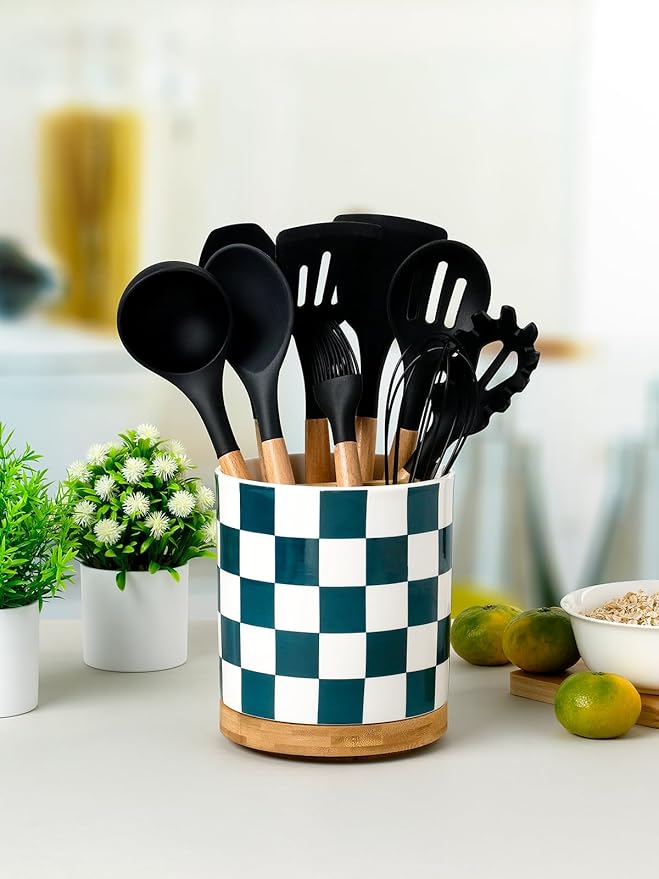 LoeJan 3 Compartment Utensil Holder, Extra Large Utensil Crock, Stable Ceramic Utensil Organizer, Cooking Tool Organizer Set for Kitchen Counter Farmhouse Decor (J-Deep Green(Square)) - Image 3