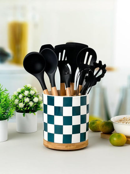 LoeJan 3 Compartment Utensil Holder, Extra Large Utensil Crock, Stable Ceramic Utensil Organizer, Cooking Tool Organizer Set for Kitchen Counter Farmhouse Decor (J-Deep Green(Square)) - Image 3