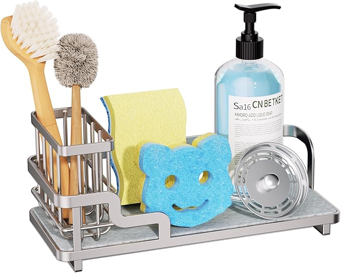 Consumest Sponge Holder for Kitchen Sink - Sink Caddy Organizer with Water Absorbing Stone Tray, Detachable Brush Holder, Stainless Steel Kitchen Counter Organizer Rack, Sand Nickel - Image 8