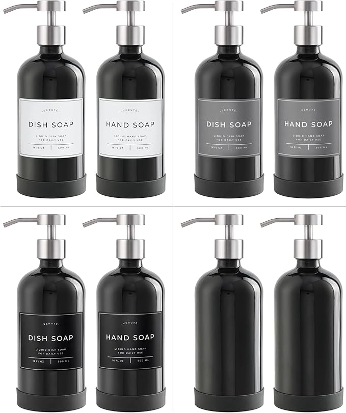 Hand and Dish Soap Dispenser for Kitchen and Bathroom, Set of 2 16 Oz Glass Bottles, Stainless Steel Pumps, Non-Slip Silicone Base, 27 Waterproof Labels (Gloss Black Bottle/Brushed Silver Pump) - Image 5