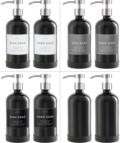 Hand and Dish Soap Dispenser for Kitchen and Bathroom, Set of 2 16 Oz Glass Bottles, Stainless Steel Pumps, Non-Slip Silicone Base, 27 Waterproof Labels (Gloss Black Bottle/Brushed Silver Pump) - Image 5