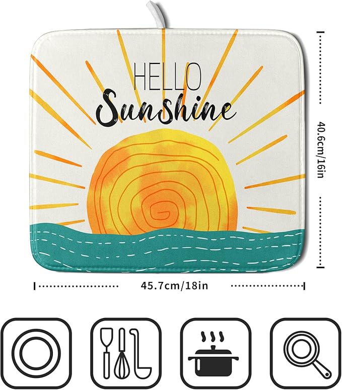 Summer Seaside Sunset over Sea Dish Drying Mat for Kitchen Counter,Hello Sunshine Drying Mat 16 x 18 Inch with Absorbent Reversible Microfiber Drying Pad for Coffee Bar - Image 2