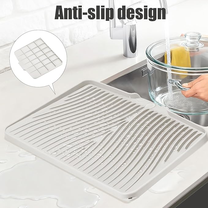 TIKNIK Silicone Dish Drying Mat, Stone Drying Mat for Kitchen Counter with Built-In Drain, Non-Slip Drain Pad with Built-in Drain, Heat Resistant Stone Drying Mat, Hangable, Cream-1pcs, 20" x 15" - Image 3