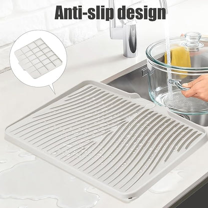 TIKNIK Silicone Dish Drying Mat, Stone Drying Mat for Kitchen Counter with Built-In Drain, Non-Slip Drain Pad with Built-in Drain, Heat Resistant Stone Drying Mat, Hangable, Cream-1pcs, 20" x 15" - Image 3