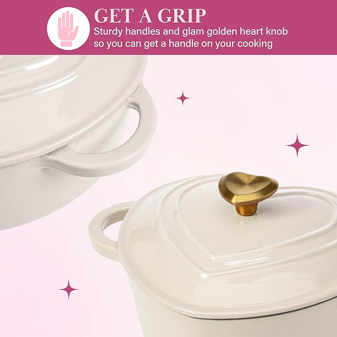 Paris Hilton Enameled Cast Iron Dutch Oven Heart-Shaped Pot with Lid, Dual Handles, Works on All Stovetops, Oven Safe to 500°F, 4-Quart, Cream - Image 5