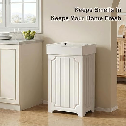 Povrgive Wood Trash Can Cabinet, 13 Gallon Hidden Kitchen Garbage Can with Lid, Farmhouse Dog Proof Trash Can, Metal Ring Included, 16" L x 13" W x 26.5" H, White - Image 4