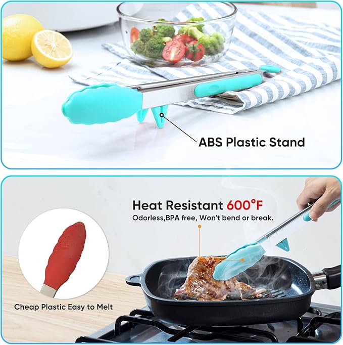 5-Pack Silicone Tongs for Cooking,Maywe Tanso 4PCS 13-Inch Kitchen Tongs with Silicone Tips,Nonstick Stainless Steel Tong for Steak Pie Pizza Pasta Spaghetti Salad BBQ Buffet,Plus Brush - Image 3
