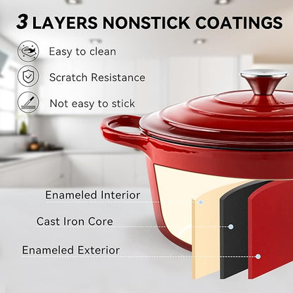 Miereirl 6 Quart Enameled Dutch Oven Pot with Lid, Cast Iron Dutch Oven with Dual Handles for Bread Baking, Cooking, Non-stick Enamel Coated Cookware (Red) - Image 5