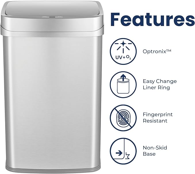 Ninestars 13 Gallon Odor Neutralizing Smart Trash Can, UV + Ozone Dual Purification, Odor Control Motion Sensor Garbage Bin, Universal Power Adapter, ONT-50-81SL Stainless Steel, Silver, Nova Series - Image 6