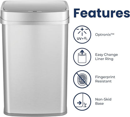 Ninestars 13 Gallon Odor Neutralizing Smart Trash Can, UV + Ozone Dual Purification, Odor Control Motion Sensor Garbage Bin, Universal Power Adapter, ONT-50-81SL Stainless Steel, Silver, Nova Series - Image 6