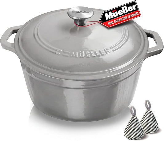 Mueller 6 Quart Enameled Cast Iron Pot Dutch Oven, Heavy-Duty Oven-Safe up to 500° F, & Across All Cooktops, Casserole Dishes for Ovens, Bread Pan with Lid and Knob, Cast Iron Cookware, Grey by MUELLERHOME