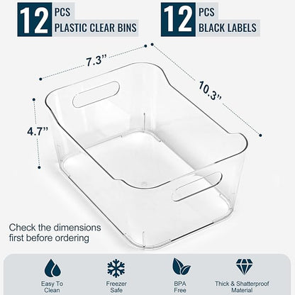 12 PACK Multi-Use Clear Plastic Storage Bins for Organizing w/Labels - Home, Kitchen, Pantry, Bathroom, Office, Cabinet Shelf Organizer Bins - SOHO Collection, RV, Fridge Organization Containers - L - Image 7