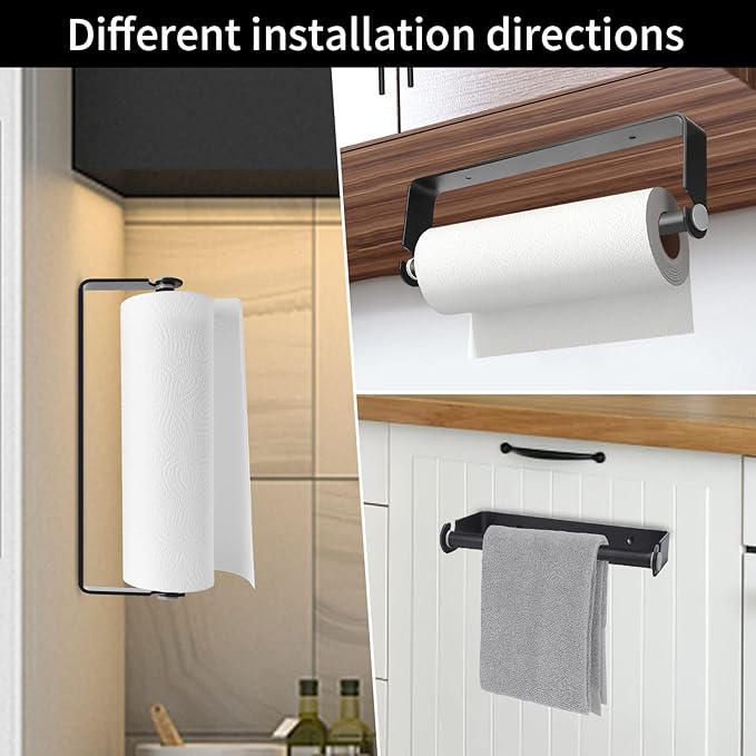 Under Cabinet Paper Towel Holder, Adhesive or Drill Mount Paper Towel Holder, Wall Mount Paper Towel Holders for Kitchen or Bathroom (Black) 2 Pack - Image 6