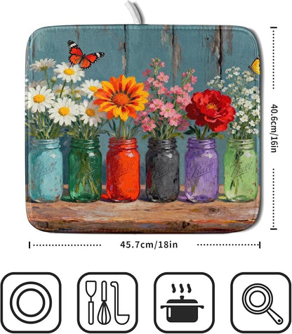 Small Dish Drying Mat for Kitchen Counter 16x18, Spring Summer Floral Decorative Absorbent Reversible Microfiber Kitchen Countertop Protector Dishes Drainer Pad - Image 2
