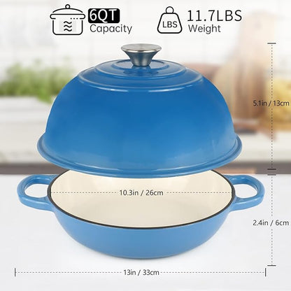 Enameled Cast Iron Bread Oven, Dutch Oven Pot with Lid, 10" Bread Dutch Oven for Sourdough Bread Baking, 6 Quarts Bread Pan with Dome Lid, Non-stick Cookware for Homemade Bread, Blue
