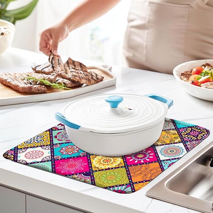 Plaid Floral Large Dish Drying Mats, Reversible Boho Dish Drying Pads for Kitchen Counter Foldable and Stored in a Drawer,18"x24" Extra Large Draining Mat Protect for Kitchen,Bar Counter,Coffee Make - Image 5